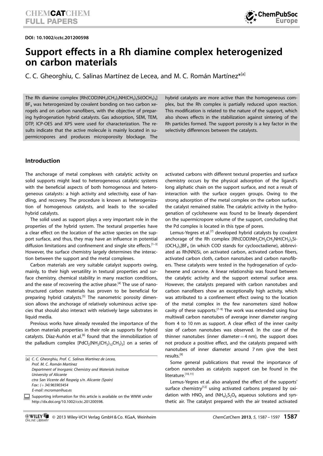 Support effects in a Rh diamine complex heterogenized on carbon materials by Unknown