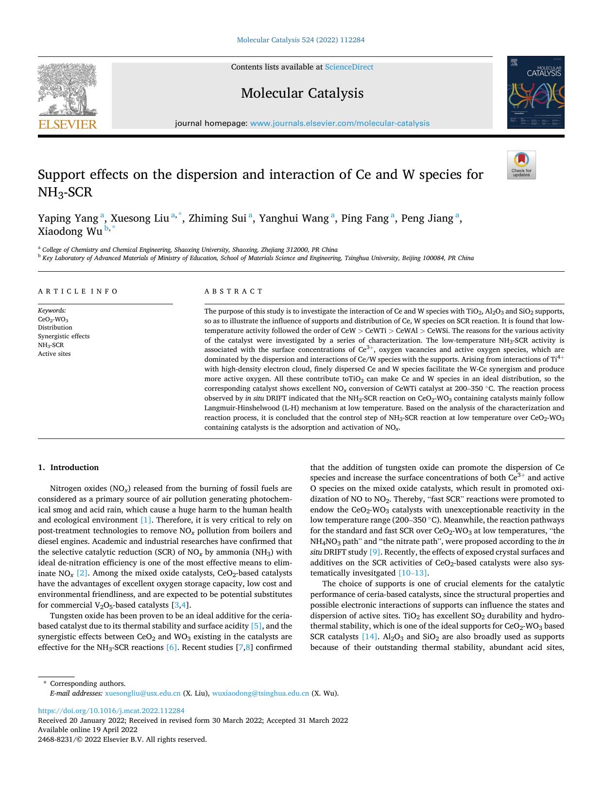 Support effects on the dispersion and interaction of Ce and W species for NH3-SCR by Yaping Yang & Xuesong Liu & Zhiming Sui & Yanghui Wang & Ping Fang & Peng Jiang & Xiaodong Wu