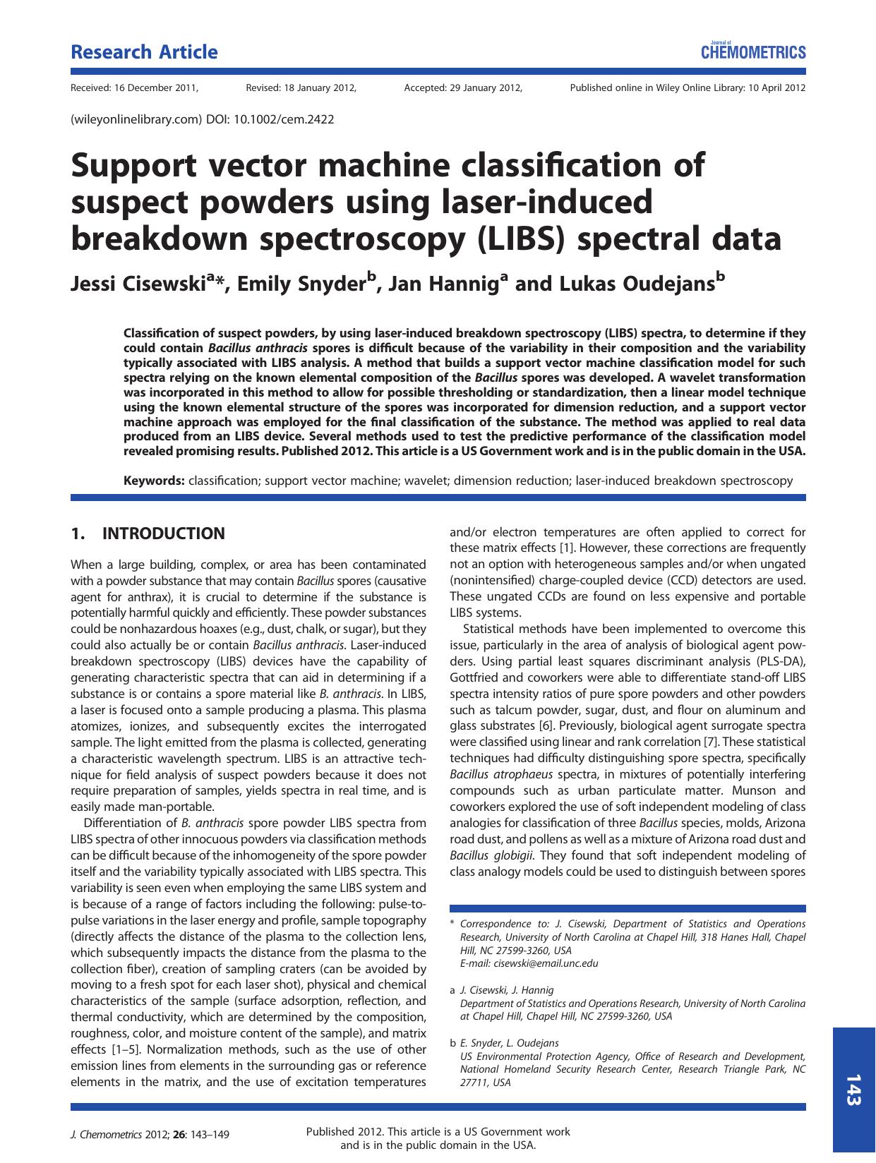 Support vector machine classification of suspect powders using laserinduced breakdown spectroscopy (LIBS) spectral data by Unknown