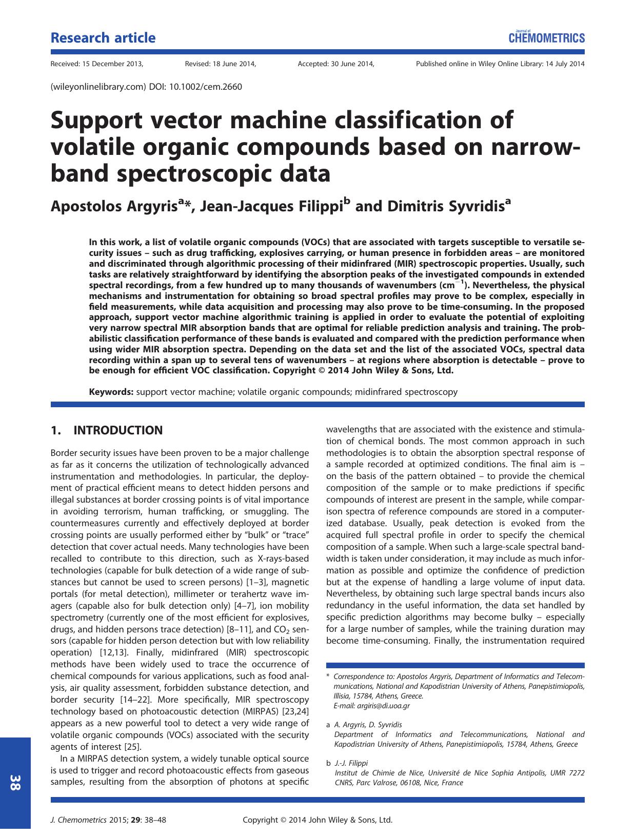 Support vector machine classification of volatile organic compounds based on narrow-band spectroscopic data by Apostolos Argyris & Jean-Jacques Filippi & Dimitris Syvridis