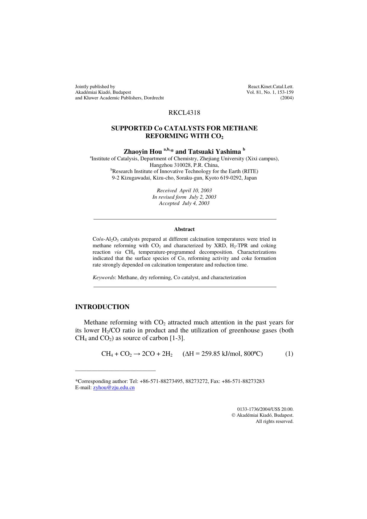 Supported Co catalysts for methane reforming with CO<Subscript>2<Subscript> by Unknown