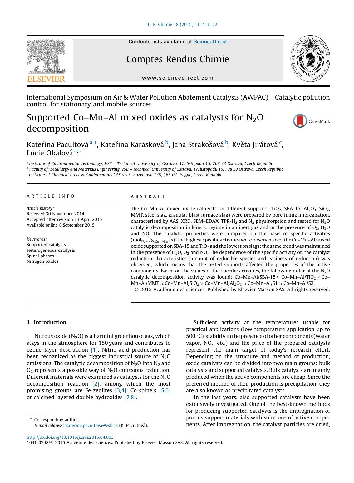 Supported CoâMnâAl mixed oxides as catalysts for N2O decomposition by unknow