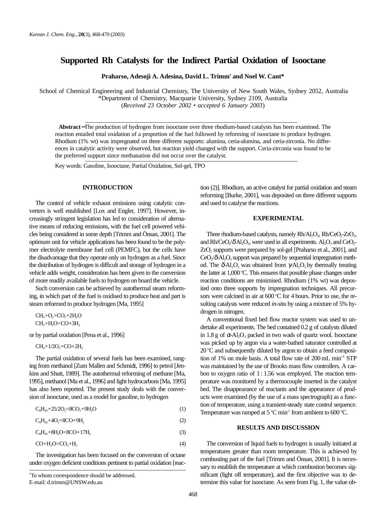 Supported Rh catalysts for the indirect partial oxidation of isooctane by Unknown