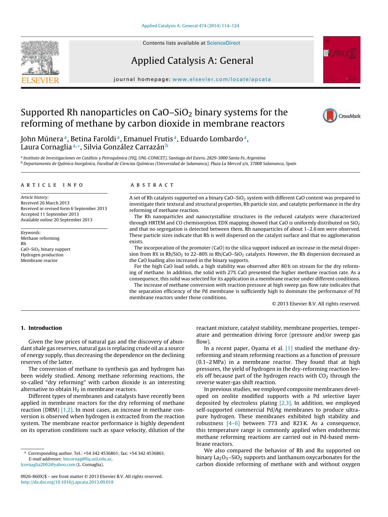 Supported Rh nanoparticles on CaOâSiO2 binary systems for the reforming of methane by carbon dioxide in membrane reactors by unknow