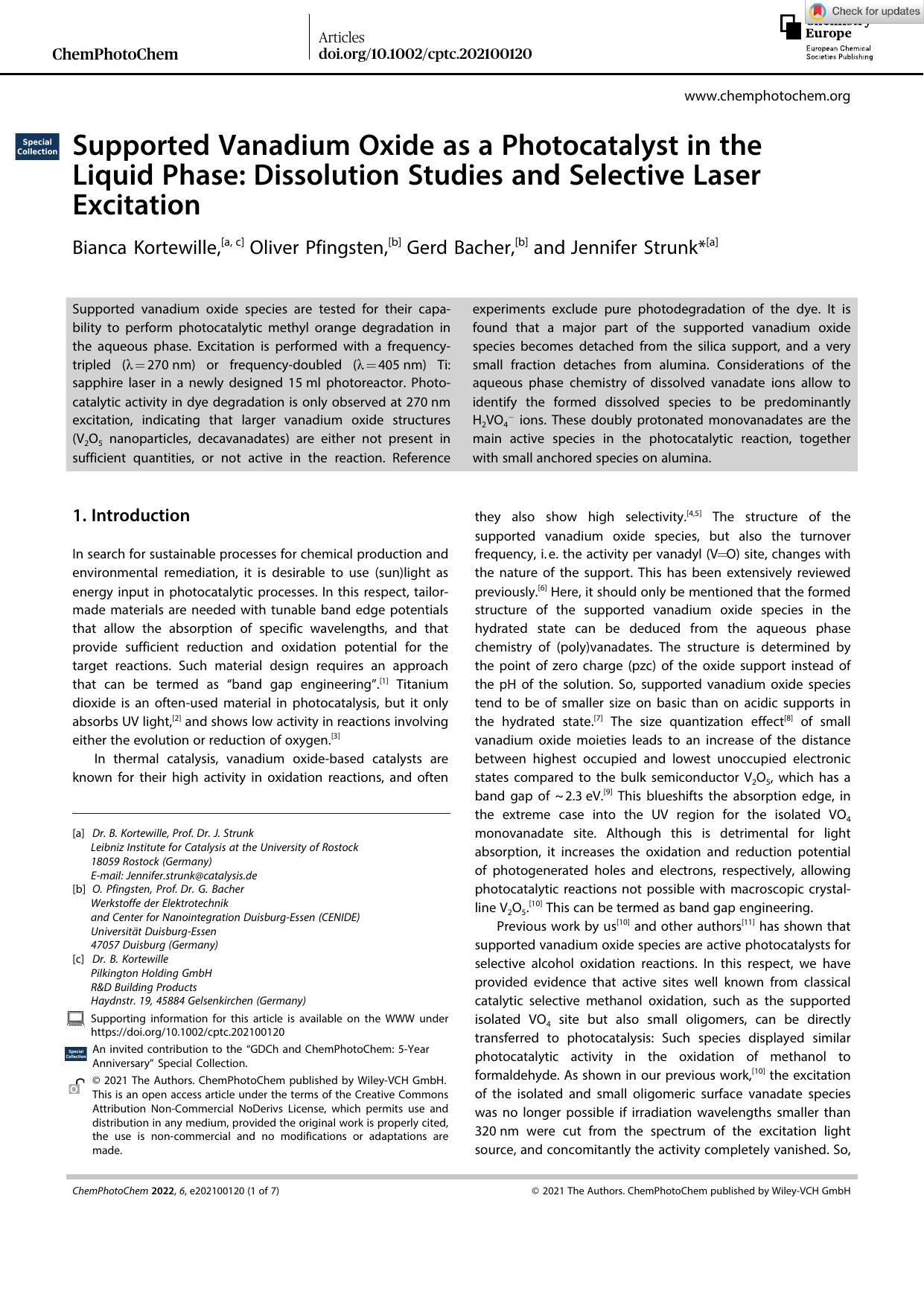Supported Vanadium Oxide as a Photocatalyst in the Liquid Phase: Dissolution Studies and Selective Laser Excitation by Unknown