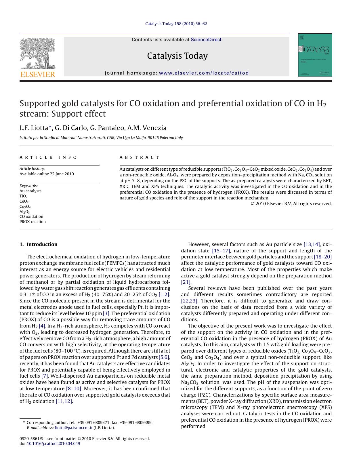 Supported gold catalysts for CO oxidation and preferential oxidation of CO in H2 stream: Support effect by L.F. Liotta