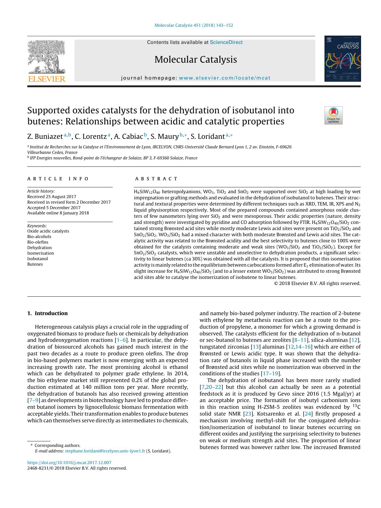 Supported oxides catalysts for the dehydration of isobutanol into butenes: Relationships between acidic and catalytic properties by Z. Buniazet & C. Lorentz & A. Cabiac & S. Maury & S. Loridant