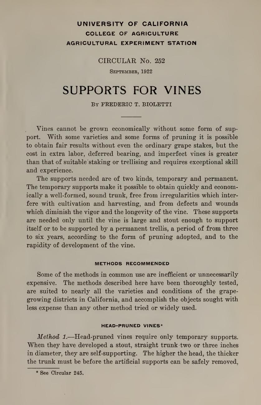 Supports for vines by Bioletti Frederic T. (Frederic Theodore) 1865-1939