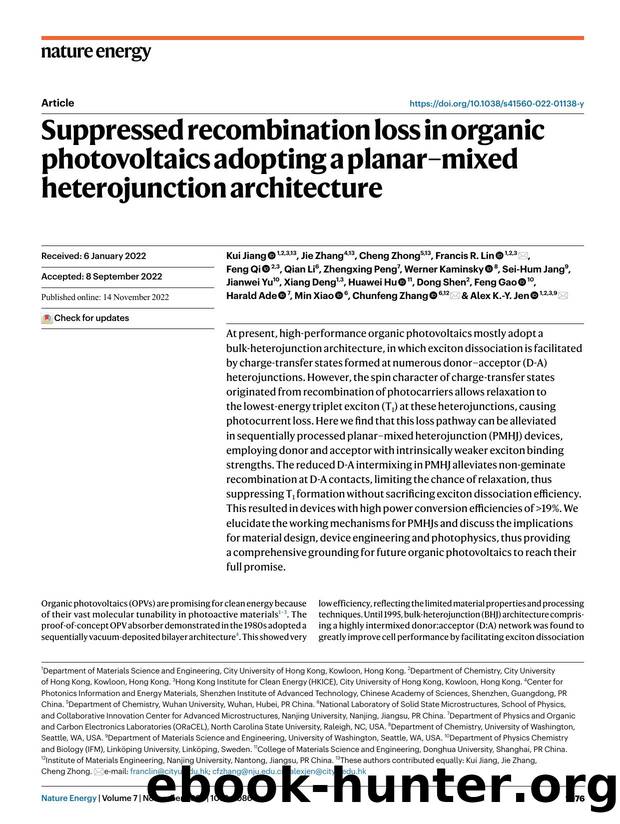 Suppressed recombination loss in organic photovoltaics adopting a planarâmixed heterojunction architecture by unknow