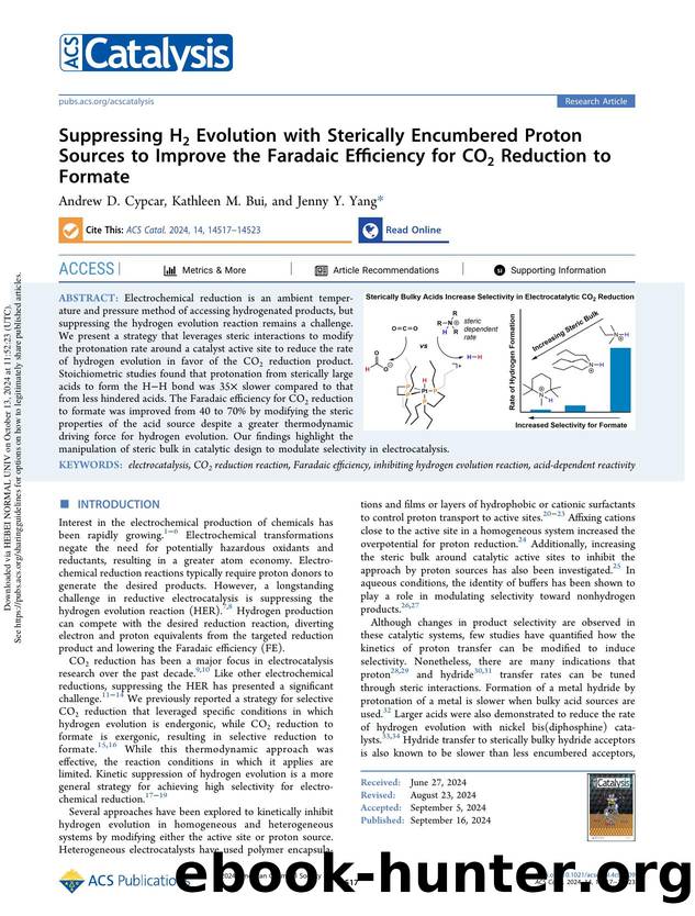 Suppressing H2 Evolution with Sterically Encumbered Proton Sources to Improve the Faradaic Efficiency for CO2 Reduction to Formate by Andrew D. Cypcar Kathleen M. Bui & Jenny Y. Yang