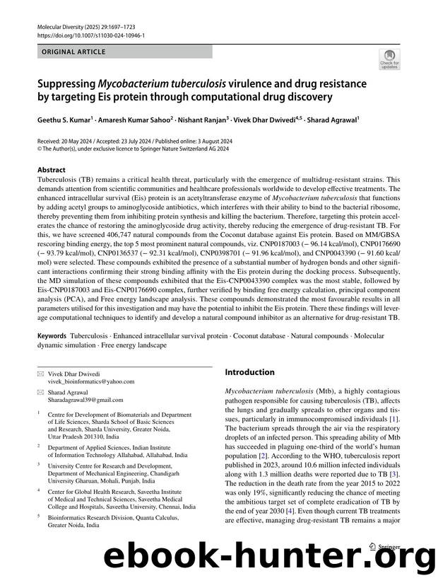 Suppressing Mycobacterium tuberculosis virulence and drug resistance by targeting Eis protein through computational drug discovery by Geethu S. Kumar & Amaresh Kumar Sahoo & Nishant Ranjan & Vivek Dhar Dwivedi & Sharad Agrawal