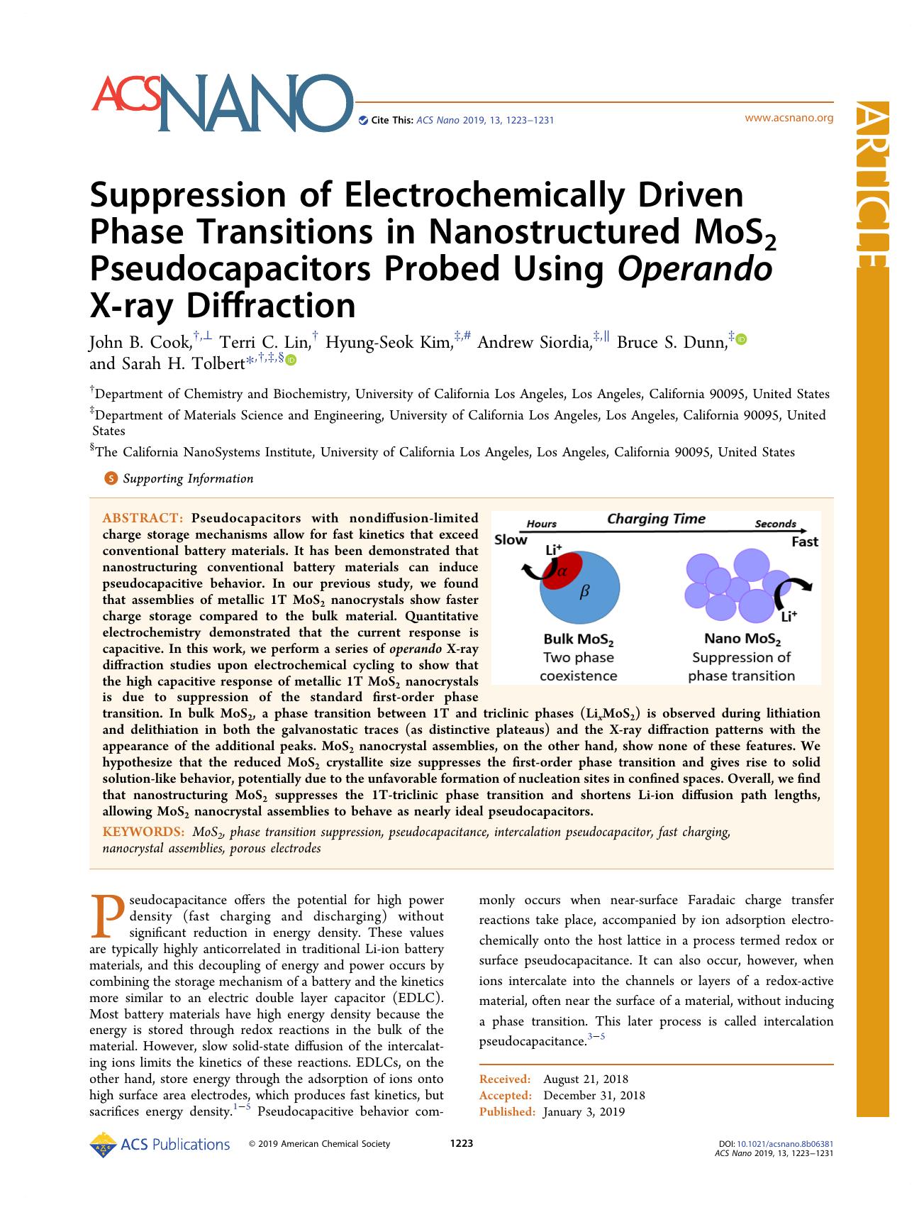 Suppression of Electrochemically Driven Phase Transitions in Nanostructured MoS2 Pseudocapacitors Probed Using Operando X-ray Diffraction by John B. Cook Terri C. Lin Hyung-Seok Kim Andrew Siordia Bruce S. Dunn and Sarah H. Tolbert