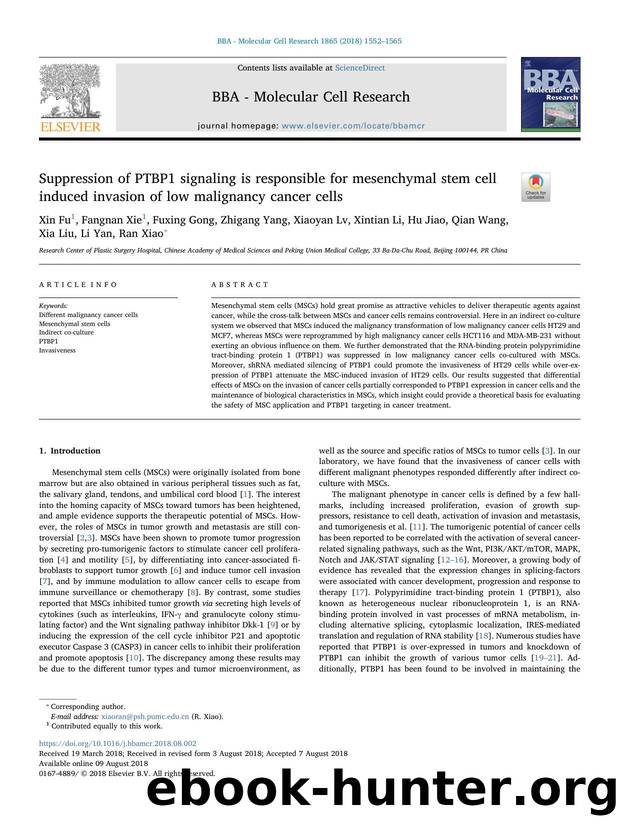 Suppression of PTBP1 signaling is responsible for mesenchymal stem cell induced invasion of low malignancy cancer cells by unknow