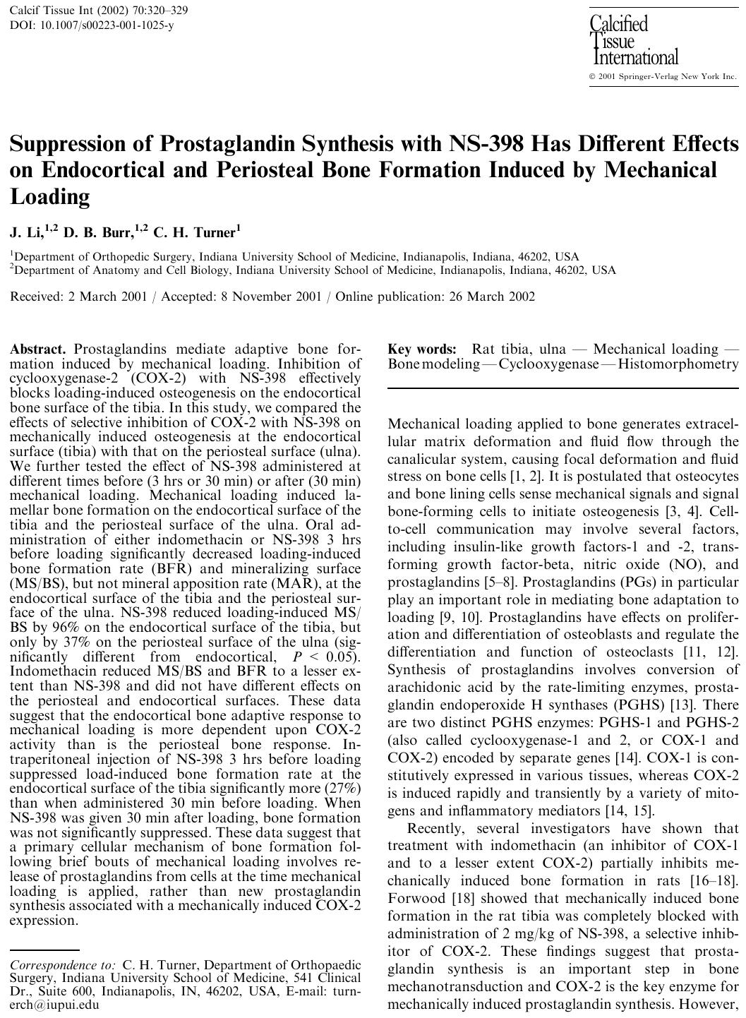 Suppression of Prostaglandin Synthesis with NS-398 Has Different Effects on Endocortical and Periosteal Bone Formation Induced by Mechanical Loading by Li J. et al