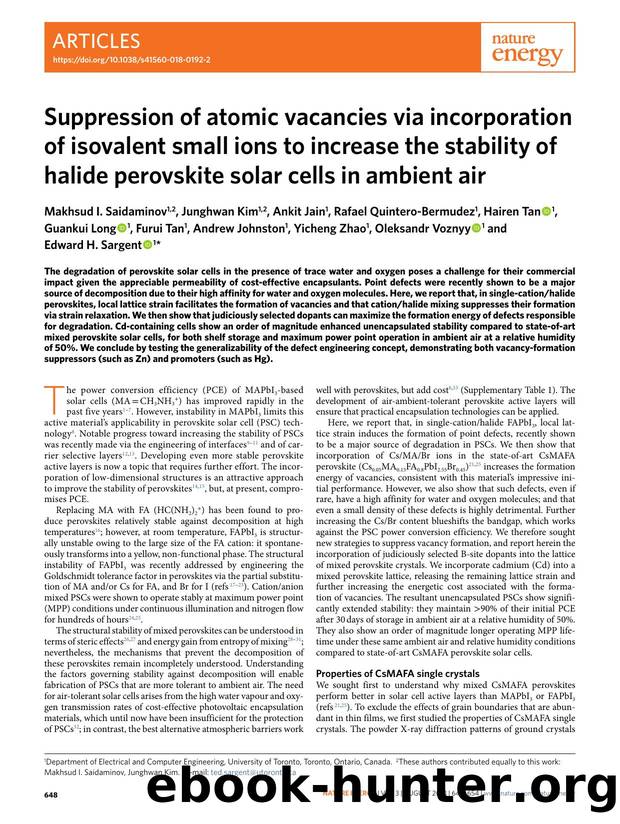 Suppression of atomic vacancies via incorporation of isovalent small ions to increase the stability of halide perovskite solar cells in ambient air by unknow