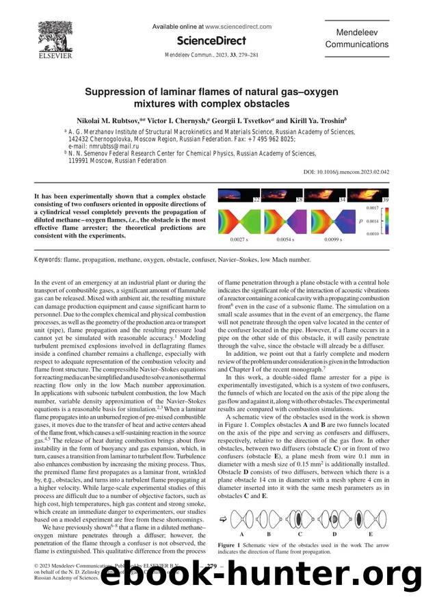 Suppression of laminar flames of natural gasâoxygen mixtures with complex obstacles by Nikolai M. Rubtsov & Victor I. Chernysh & Georgii I. Tsvetkov & Kirill Ya. Troshin