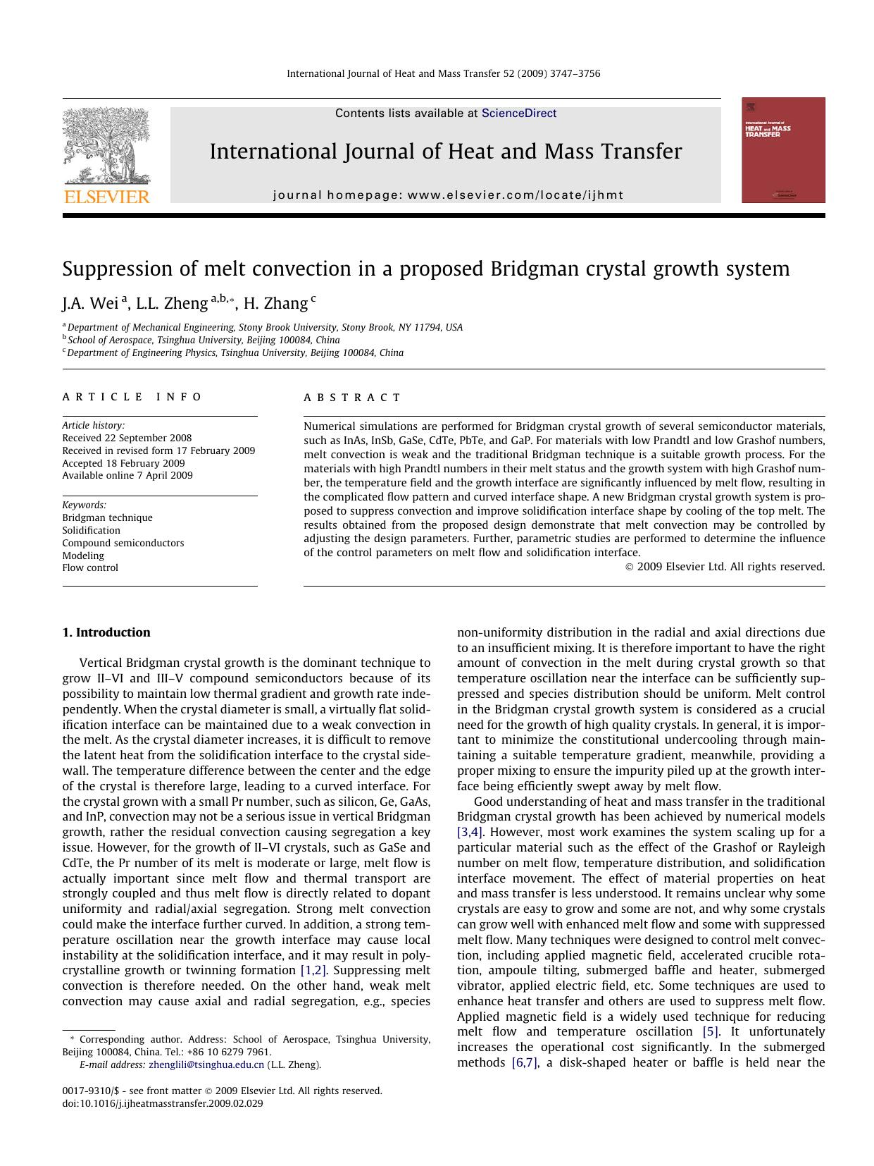 Suppression of melt convection in a proposed Bridgman crystal growth system by J.A. Wei; L.L. Zheng; H. Zhang