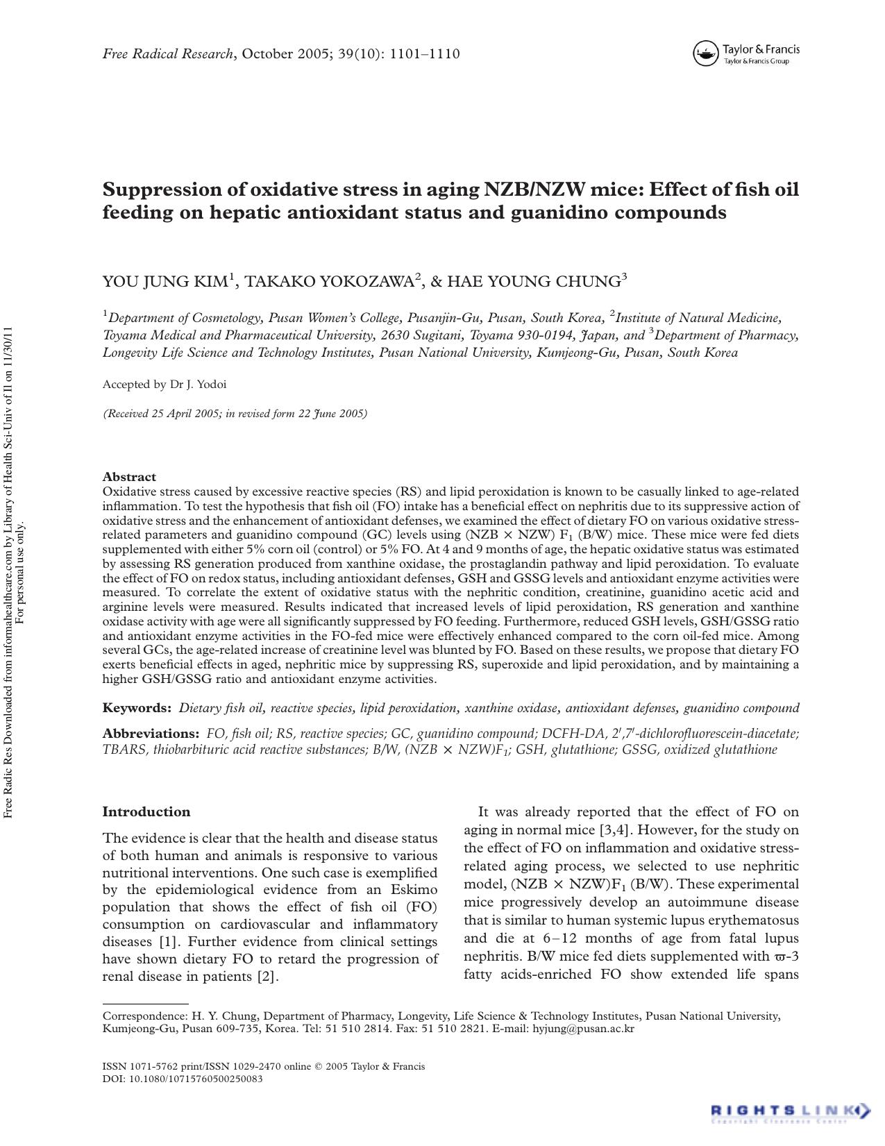 Suppression of oxidative stress in aging NZBNZW mice: Effect of fish oil feeding on hepatic antioxidant status and guanidino compounds by You Jung Kim1 Takako Yokozawa2 & Hae Young Chung3†