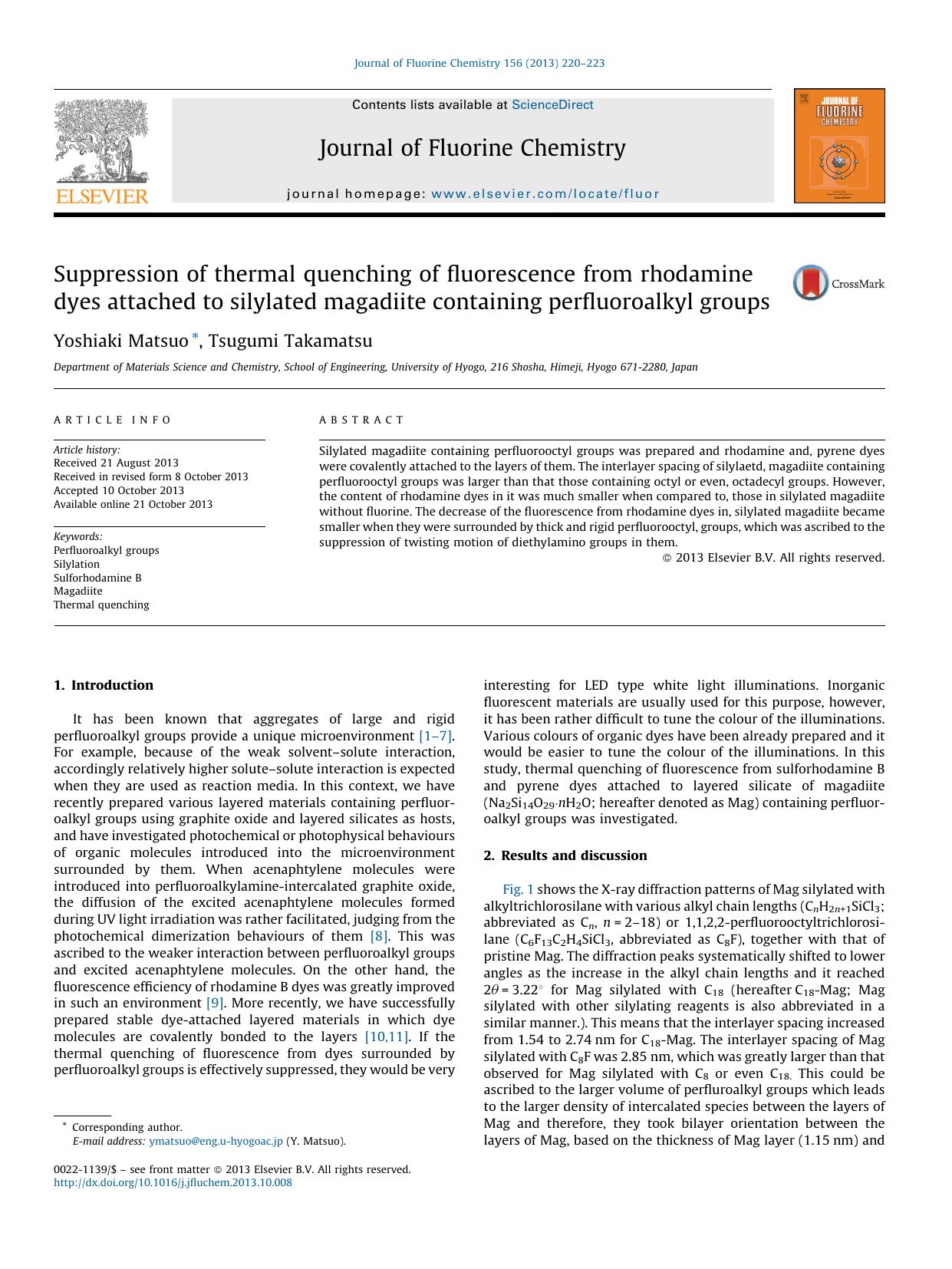 Suppression of thermal quenching of fluorescence from rhodamine dyes attached to silylated magadiite containing perfluoroalkyl groups by Yoshiaki Matsuo & Tsugumi Takamatsu