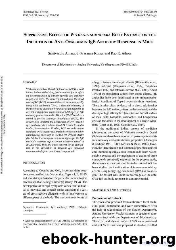 Suppressive Effect Of Withania Somnifera Root Extract on the Induction of Anti-Ovalbumin IgE Antibody Response in Mice by Srinivasulu Amara S. Prasanna Kumar & Rao R. Athota