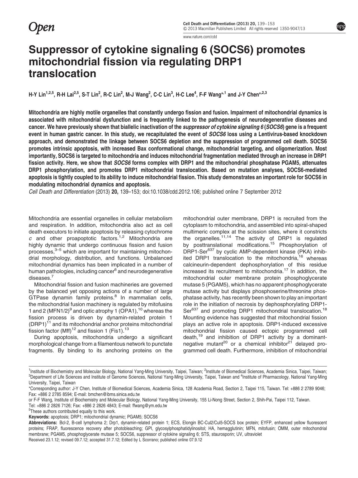 Suppressor of cytokine signaling 6 (SOCS6) promotes mitochondrial fission via regulating DRP1 translocation by H-Y Lin & R-H Lai & S-T Lin & R-C Lin & M-J Wang & C-C Lin & H-C Lee & F-F Wang & J-Y Chen