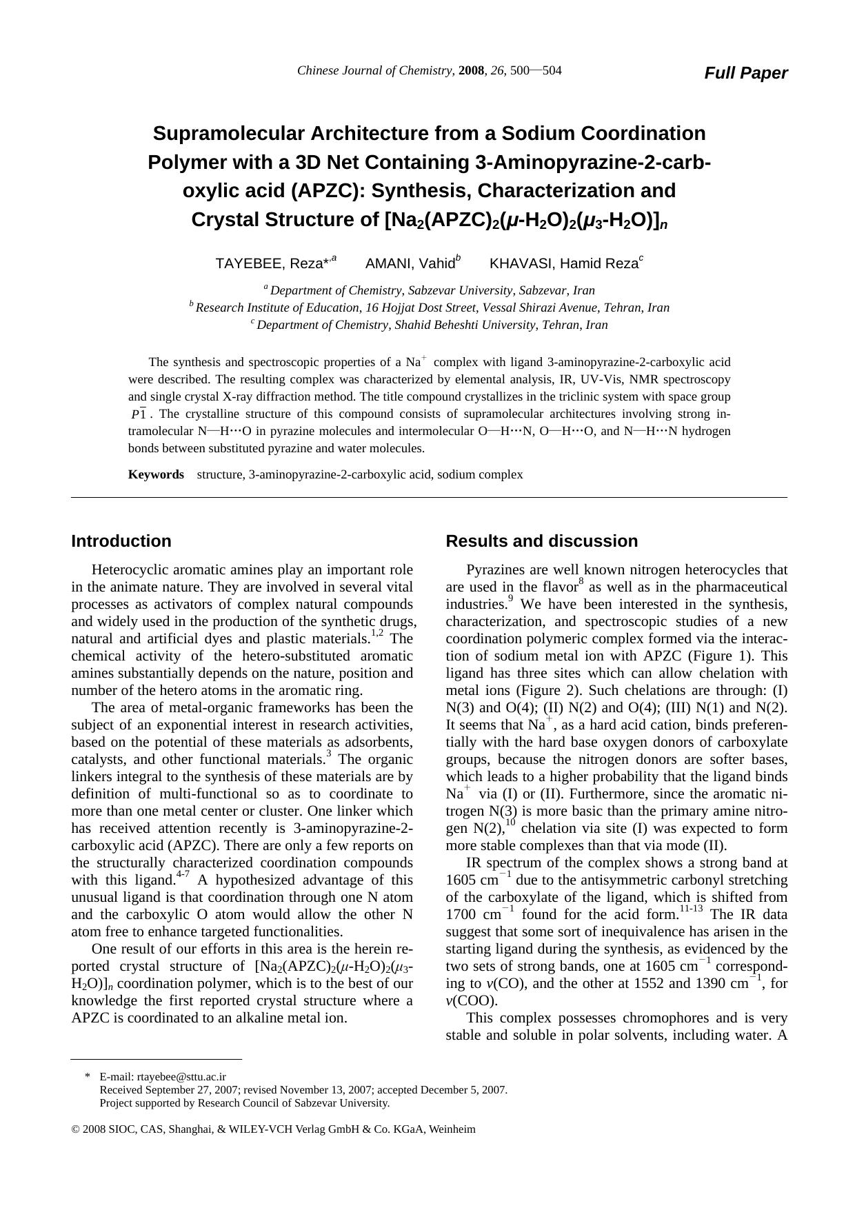 Supramolecular Architecture from a Sodium Coordination Polymer with a 3D Net Containing 3-Aminopyrazine-2-carboxylic acid (APZC):Synthesis, Characterization and Crystal Structure o by zhaoxj