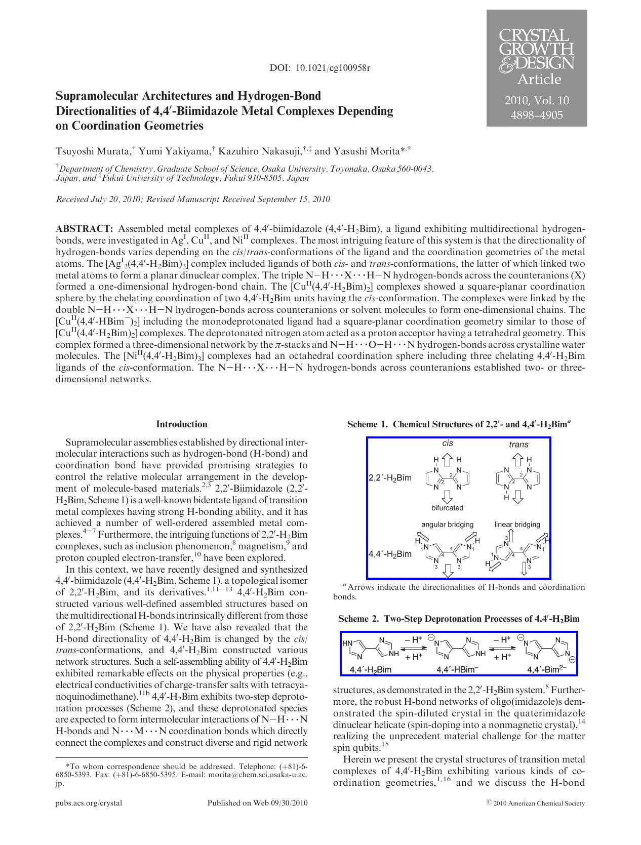 Supramolecular Architectures and Hydrogen-Bond Directionalities of 4,4-Biimidazole Metal Complexes Depending on Coordination Geometries by Unknown