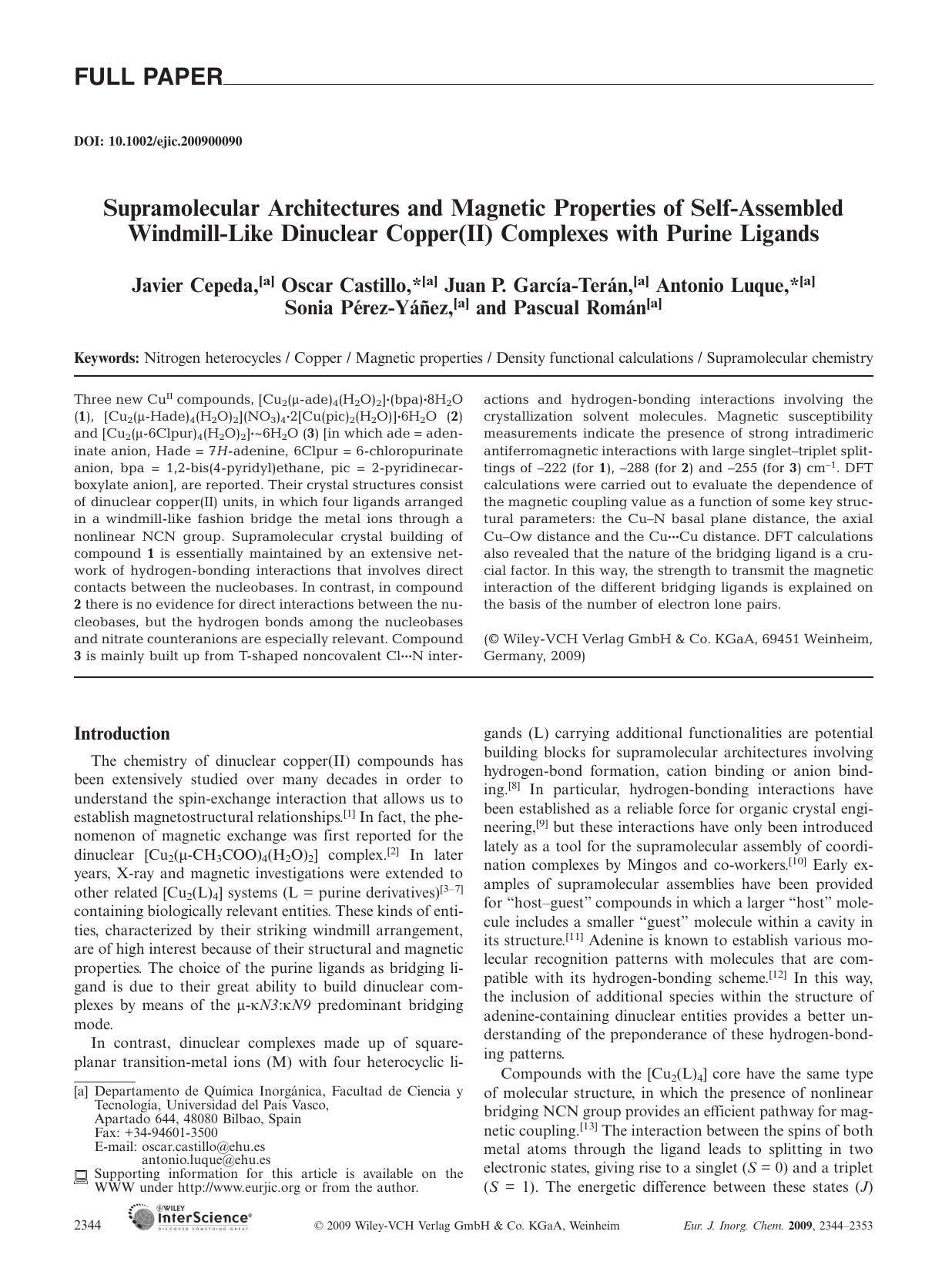 Supramolecular Architectures and Magnetic Properties of Self-Assembled Windmill-Like Dinuclear Copper(II) Complexes with Purine Ligands by Unknown