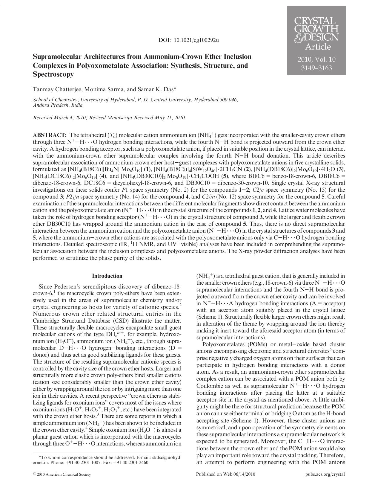 Supramolecular Architectures from Ammonium-Crown Ether Inclusion Complexes in Polyoxometalate Association: Synthesis, Structure, and Spectroscopy by Unknown
