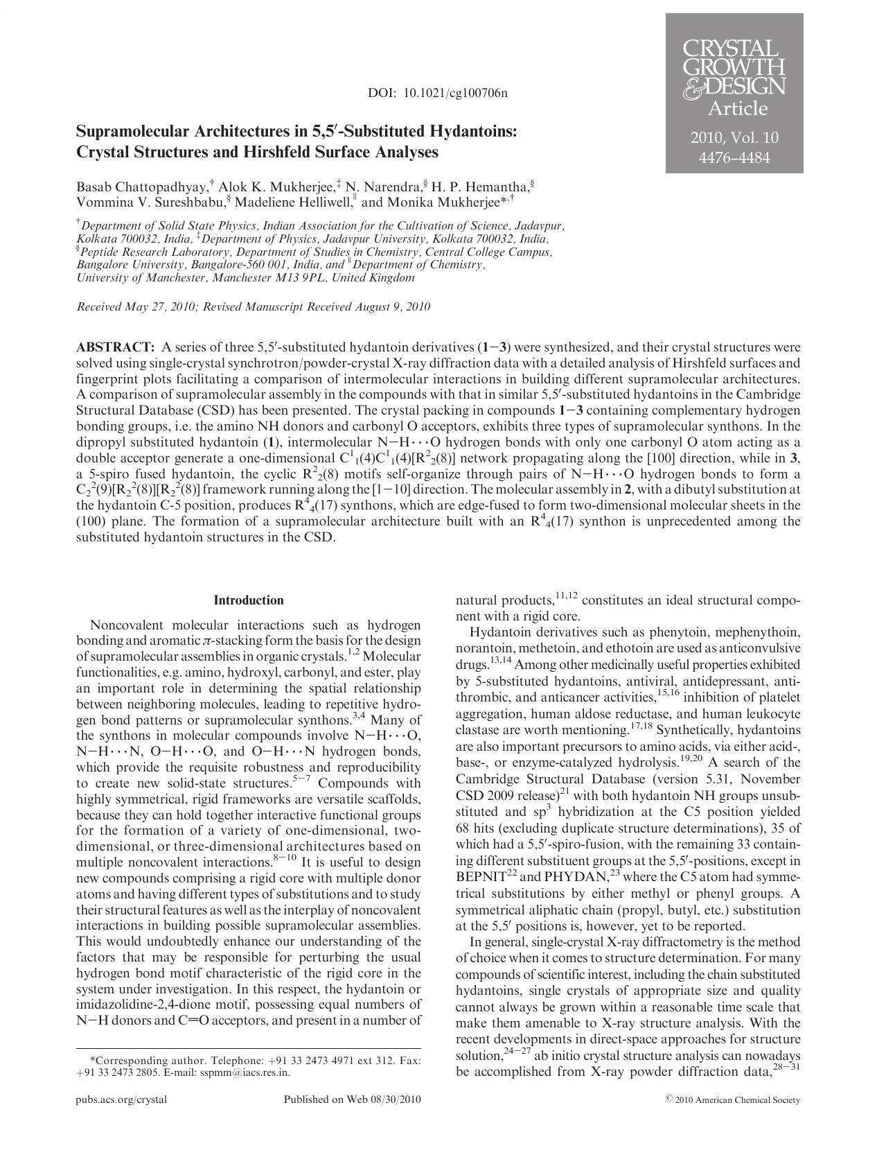 Supramolecular Architectures in 5,5-Substituted Hydantoins: Crystal Structures and Hirshfeld Surface Analyses by Unknown