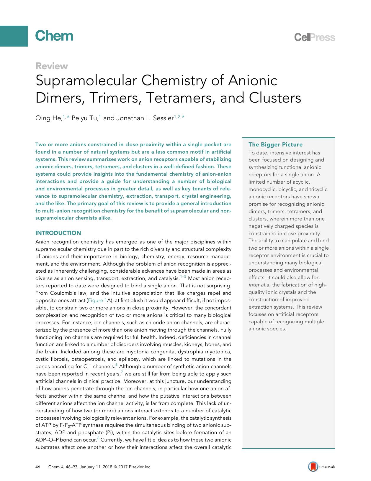 Supramolecular Chemistry of Anionic Dimers, Trimers, Tetramers, and Clusters by Qing He & Peiyu Tu & Jonathan L. Sessler