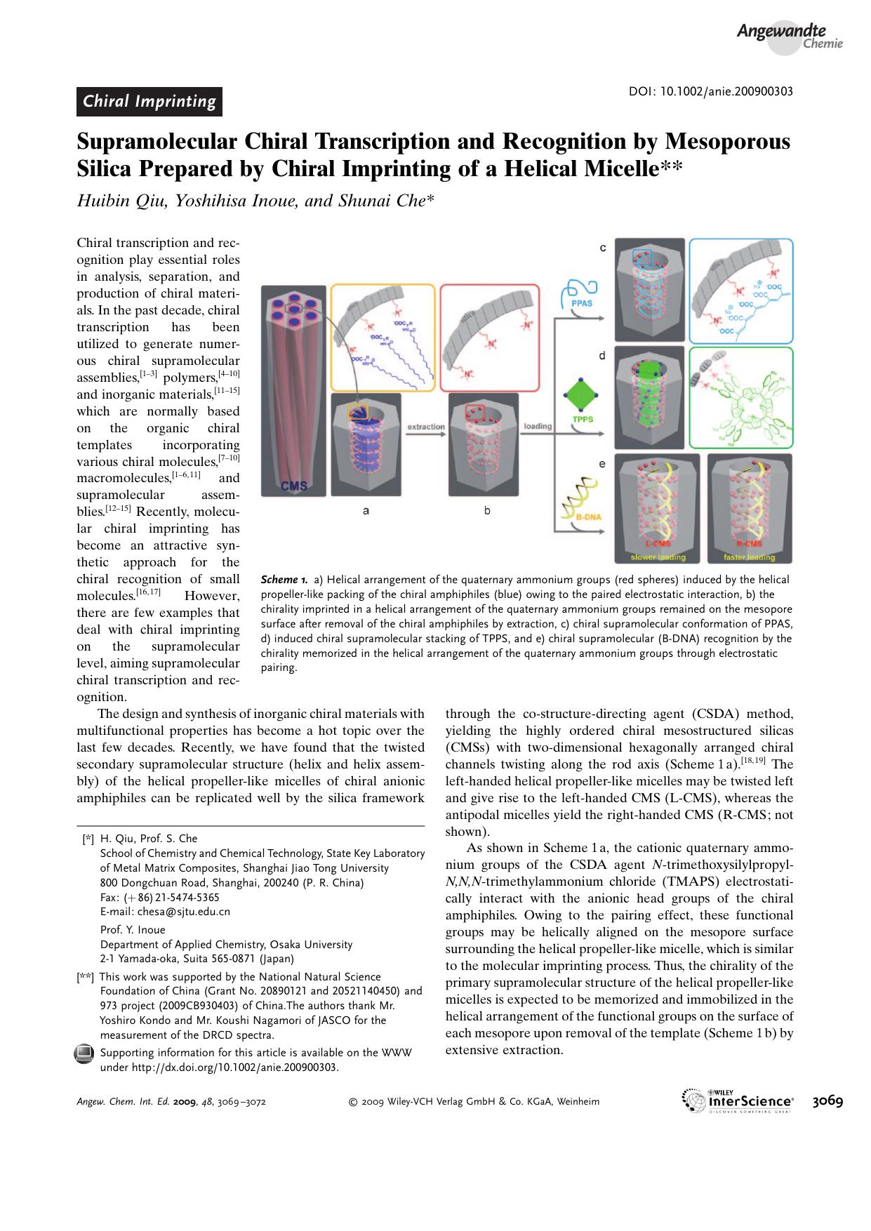 Supramolecular Chiral Transcription and Recognition by Mesoporous Silica Prepared by Chiral Imprinting of a Helical Micelle by Unknown