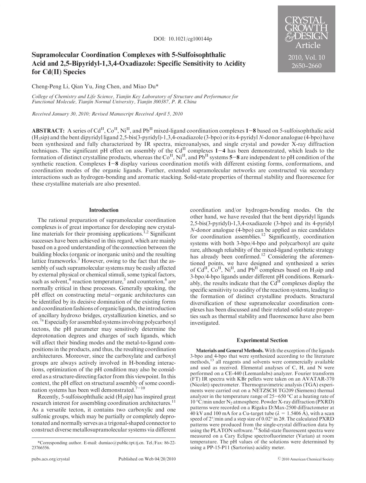 Supramolecular Coordination Complexes with 5-Sulfoisophthalic Acid and 2,5-Bipyridyl-1,3,4-Oxadiazole: Specific Sensitivity to Acidity for Cd(II) Species by Unknown