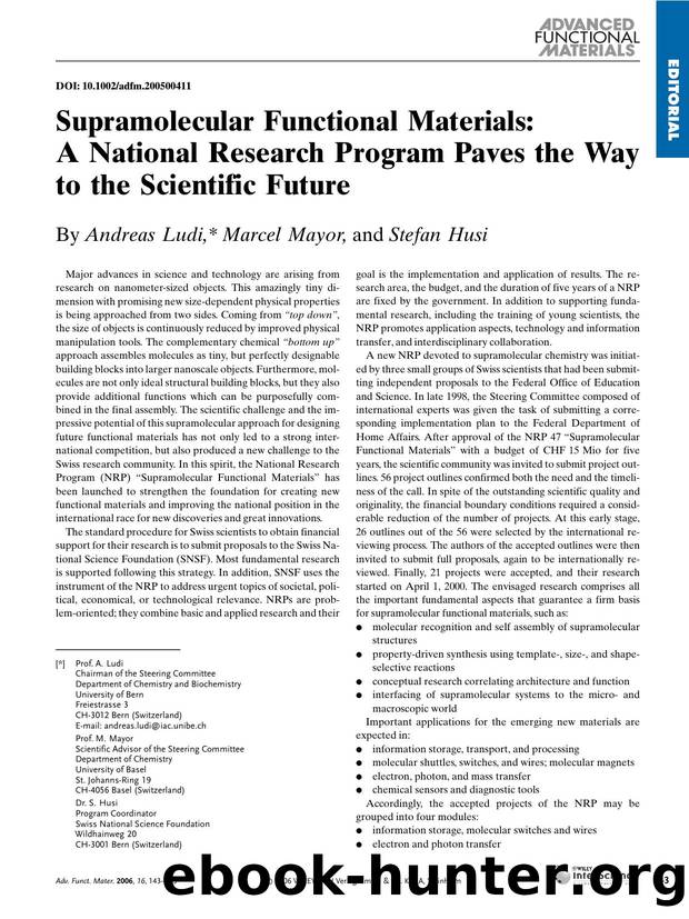 Supramolecular Functional Materials: A National Research Program Paves the Way to the Scientific Future by Unknown