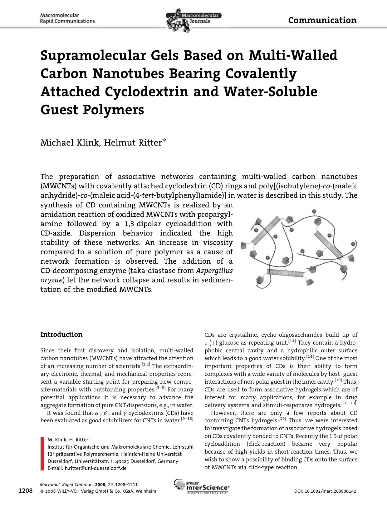 Supramolecular Gels Based on Multi-Walled Carbon Nanotubes Bearing Covalently Attached Cyclodextrin and Water-Soluble Guest Polymers by Unknown