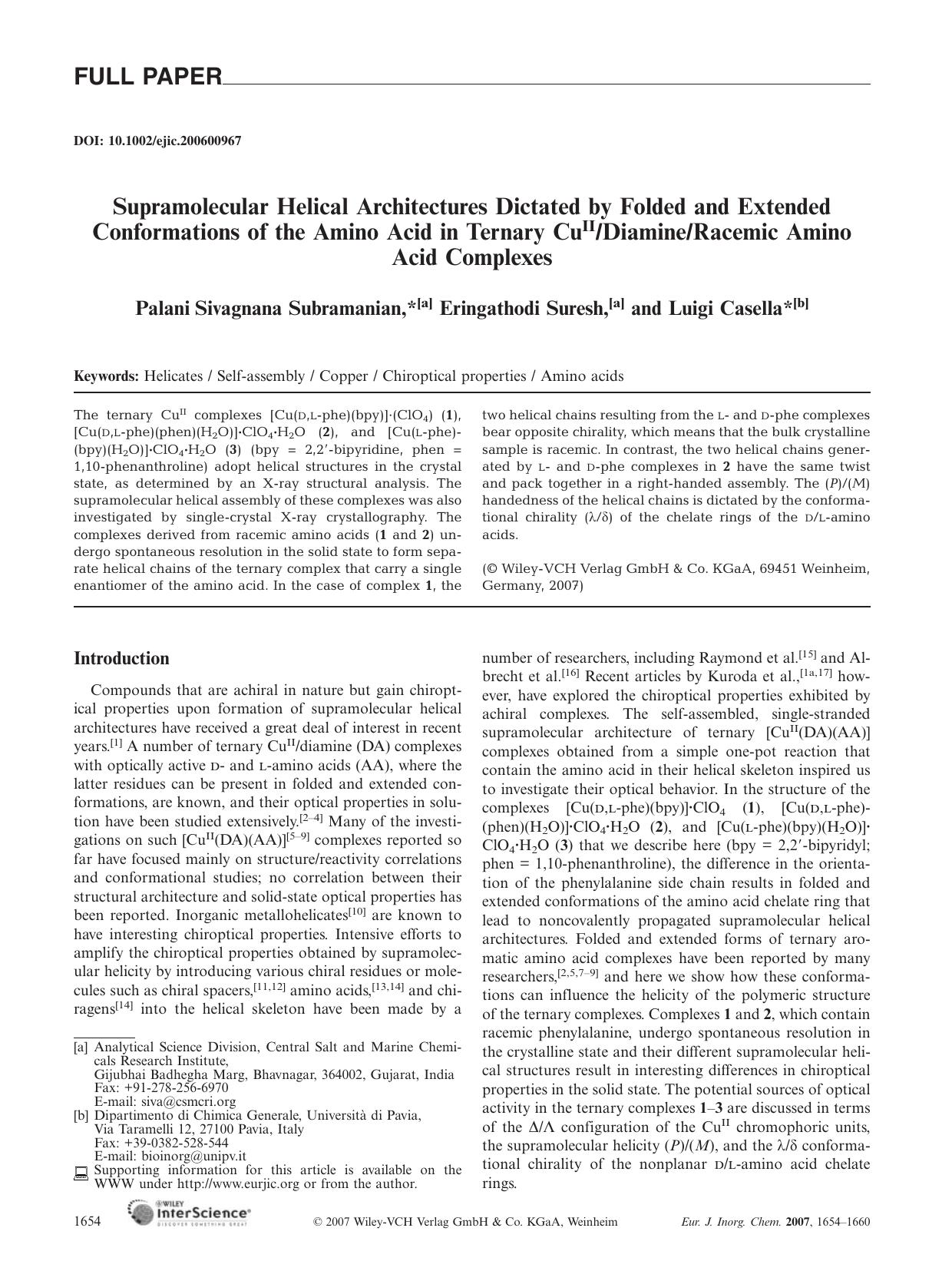 Supramolecular Helical Architectures Dictated by Folded and Extended Conformations of the Amino Acid in Ternary CuIIDiamineRacemic Amino Acid Complexes by Unknown