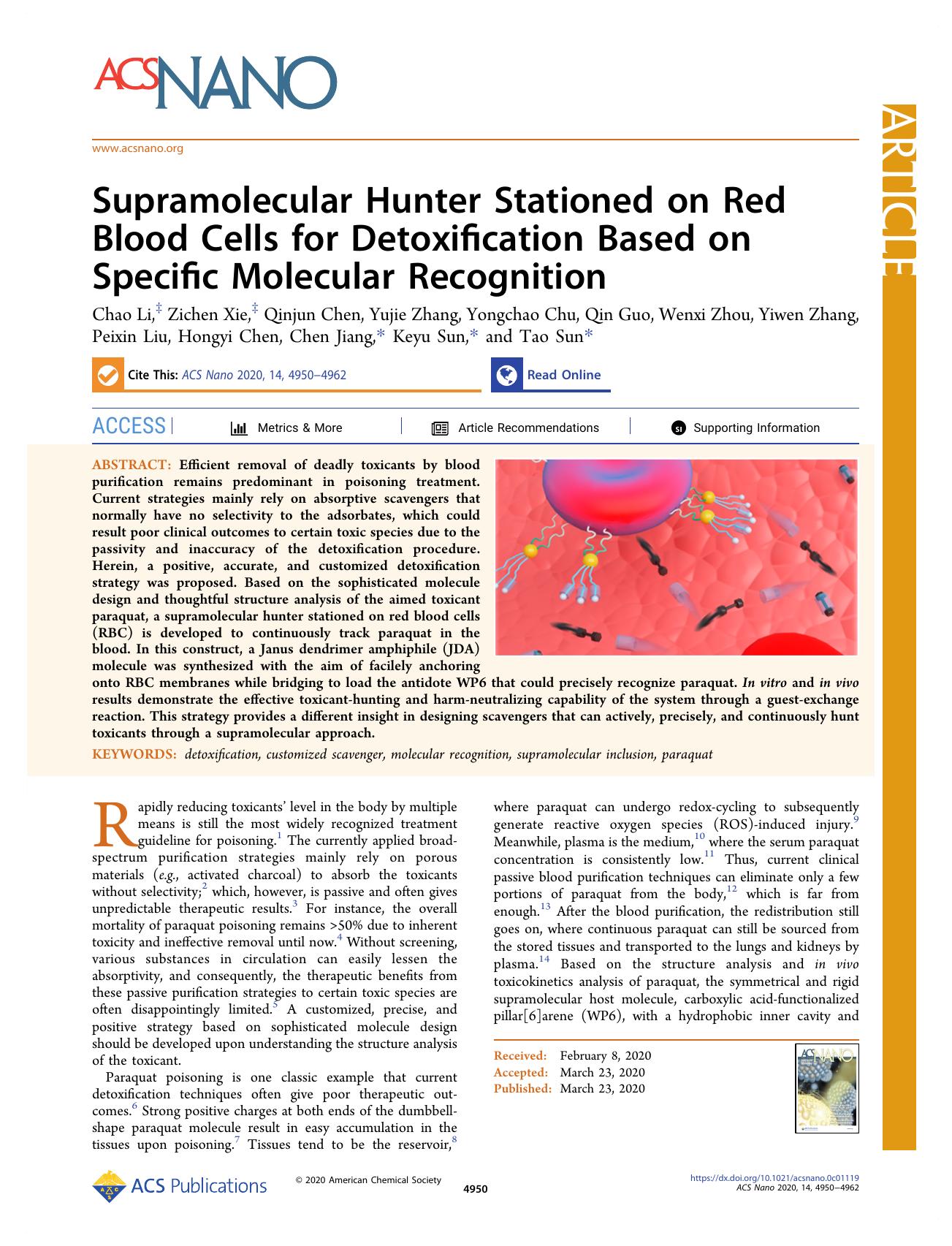 Supramolecular Hunter Stationed on Red Blood Cells for Detoxification Based on Specific Molecular Recognition by unknow