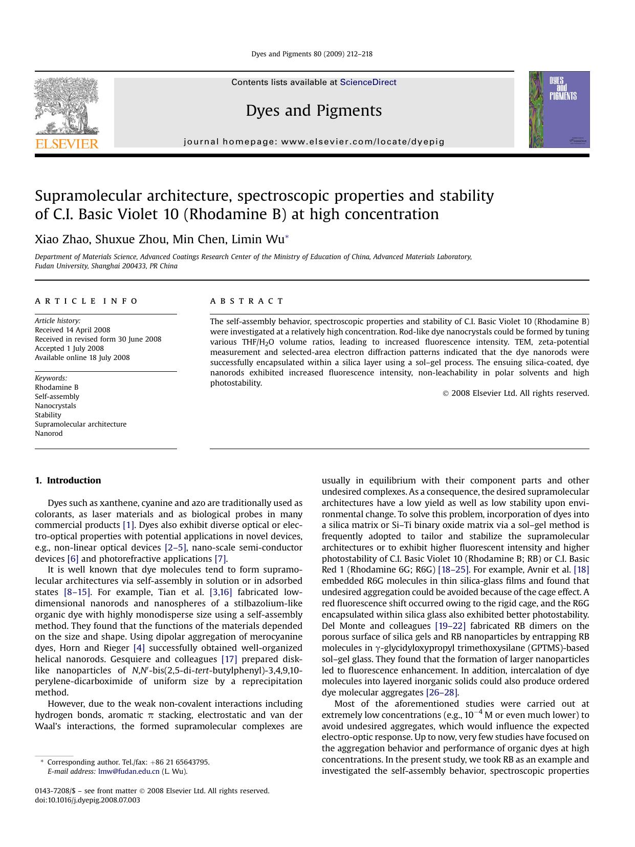 Supramolecular architecture, spectroscopic properties and stability of C.I. Basic Violet 10 (Rhodamine B) at high concentration by Xiao Zhao; Shuxue Zhou; Min Chen; Limin Wu