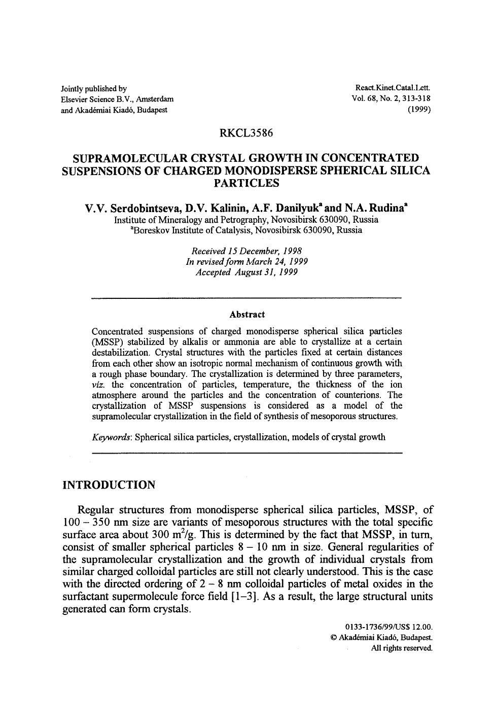 Supramolecular crystal growth in concentrated suspensions of charged monodisperse spherical silica particles by Unknown