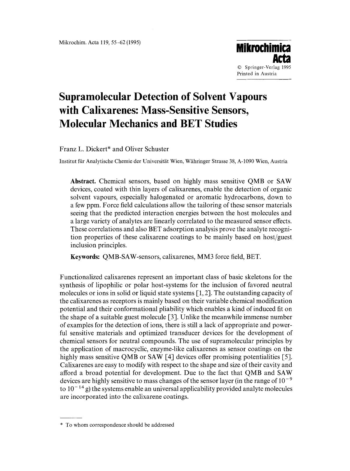 Supramolecular detection of solvent vapours with calixarenes: Mass-sensitive sensors, molecular mechanics and BET studies by Unknown