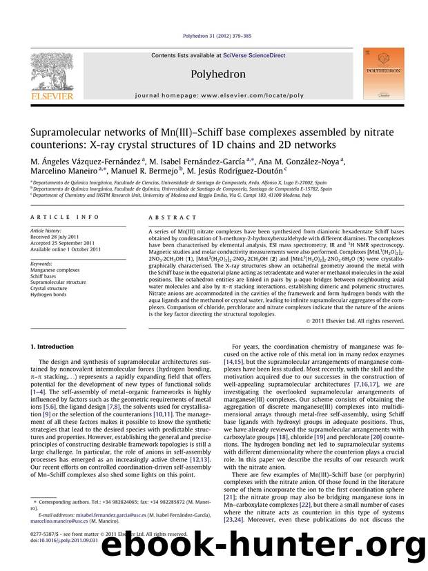 Supramolecular networks of Mn(III)Ã¢â¬âSchiff base complexes assembled by nitrate counterions: X-ray crystal structures of 1D chains and 2D networks by unknow