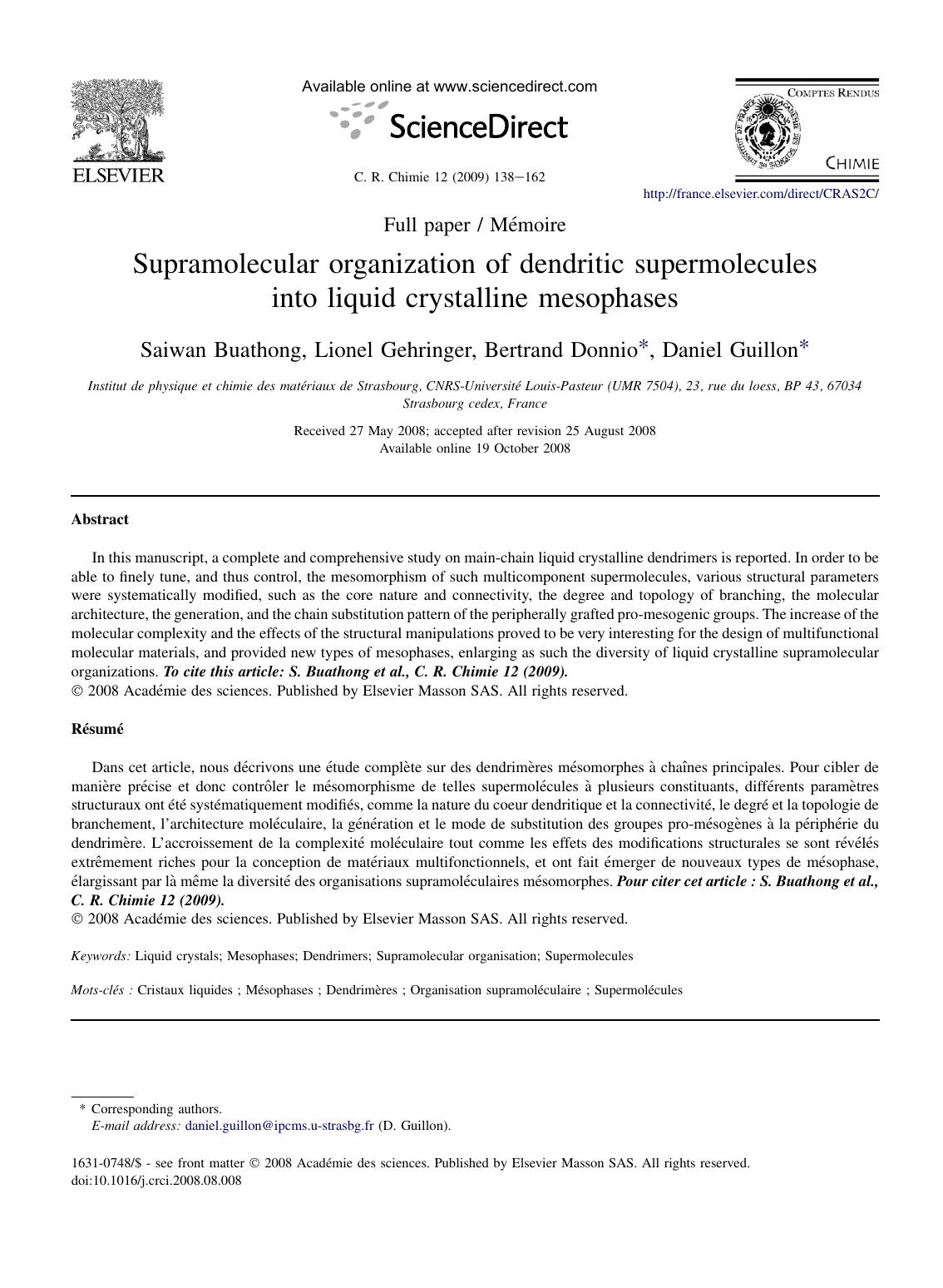 Supramolecular organization of dendritic supermolecules into liquid crystalline mesophases by Saiwan Buathong; Lionel Gehringer; Bertrand Donnio; Daniel Guillon