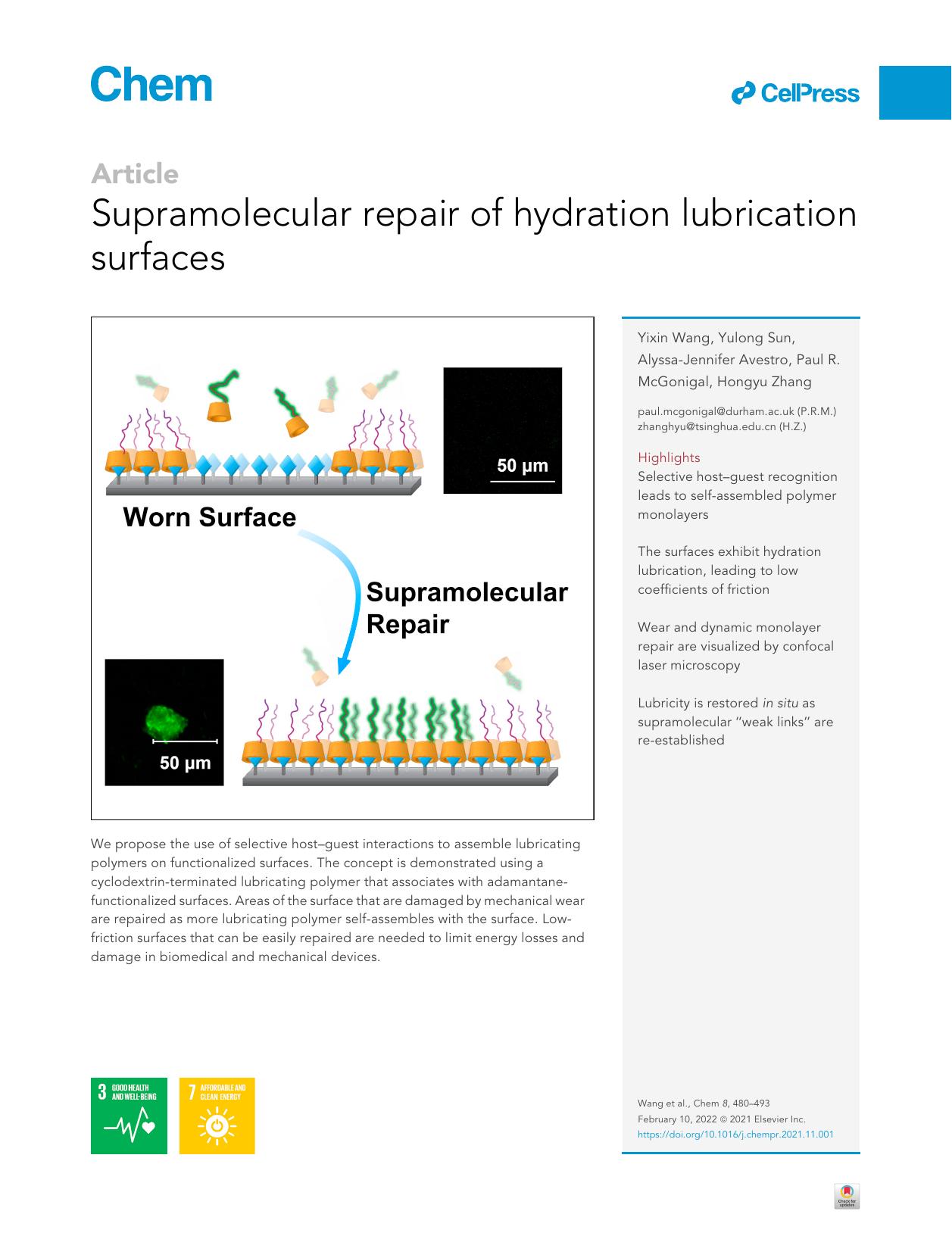Supramolecular repair of hydration lubrication surfaces by Yixin Wang & Yulong Sun & Alyssa-Jennifer Avestro & Paul R. McGonigal & Hongyu Zhang