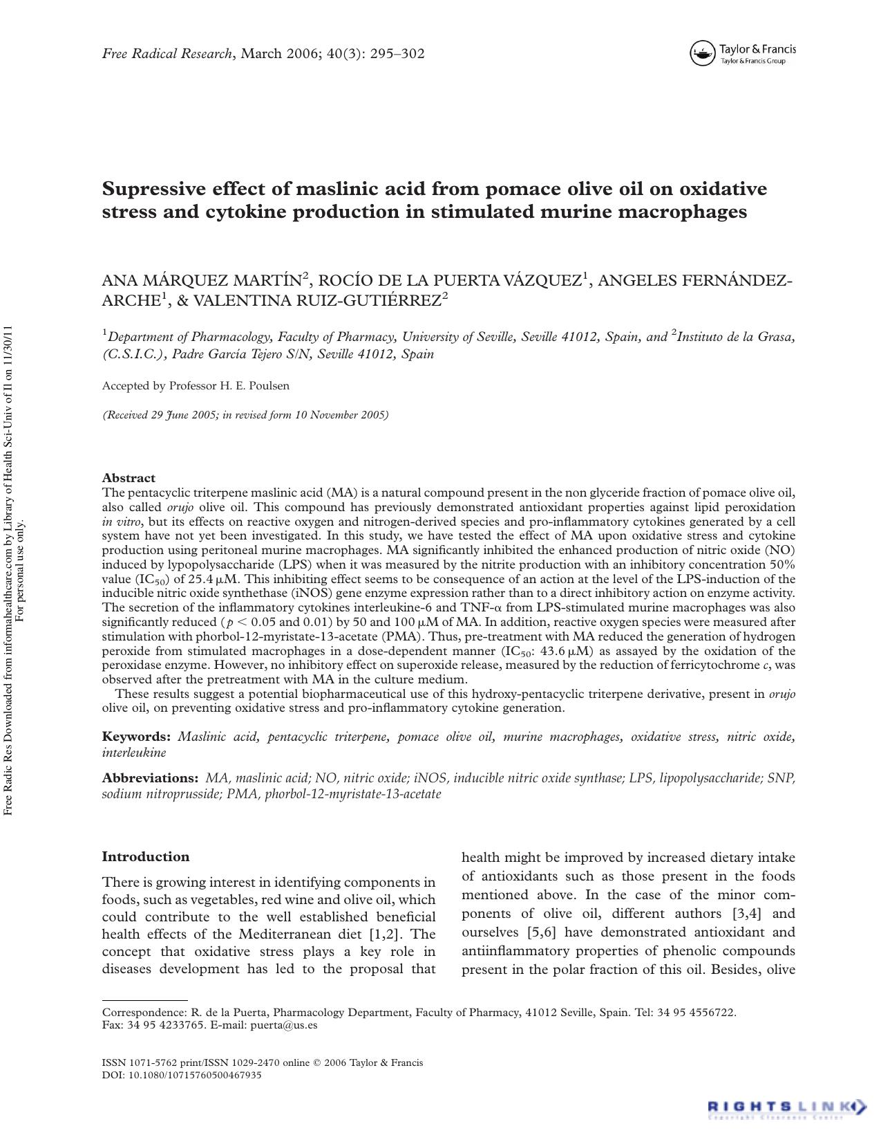 Supressive effect of maslinic acid from pomace olive oil on oxidative stress and cytokine production in stimulated murine macrophages by unknow