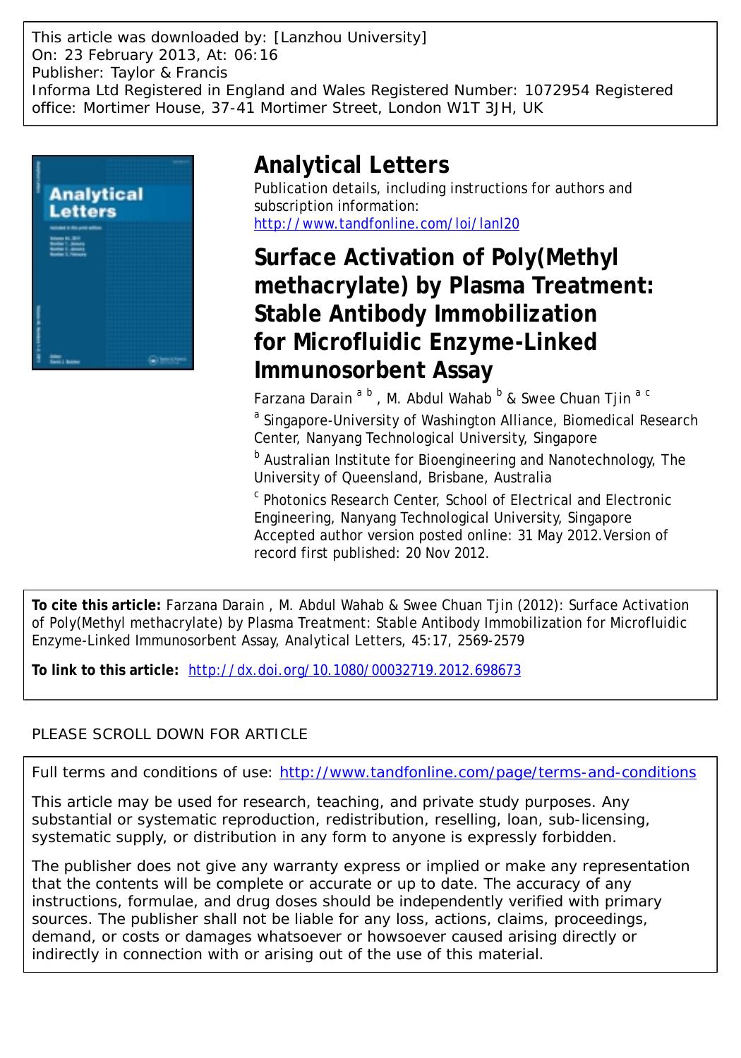 Surface Activation of Poly(Methyl methacrylate) by Plasma Treatment: Stable Antibody Immobilization for Microfluidic Enzyme-Linked Immunosorbent Assay by Farzana Darain M. Abdul Wahab & Swee Chuan Tjin