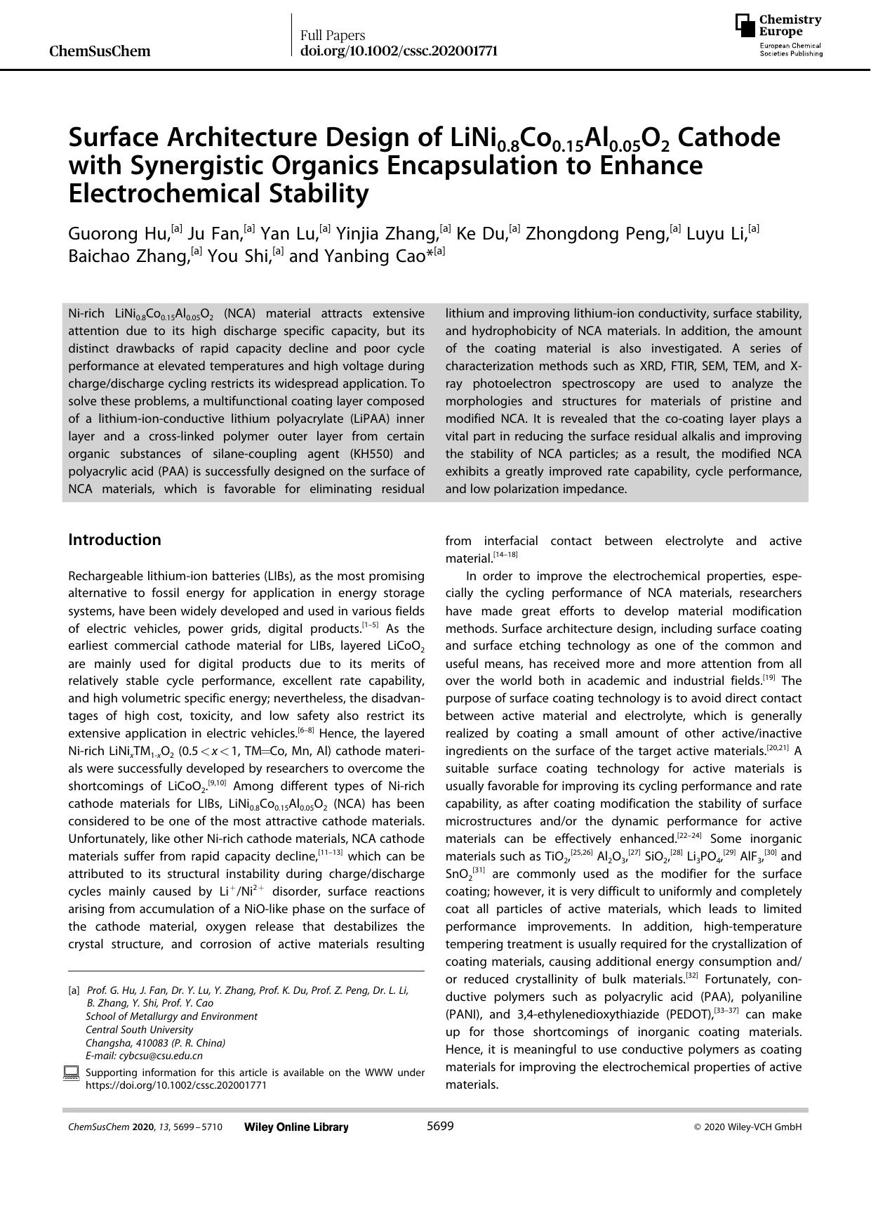 Surface Architecture Design of LiNi0.8Co0.15Al0.05O2 Cathode with Synergistic Organics Encapsulation to Enhance Electrochemical Stability by Unknown