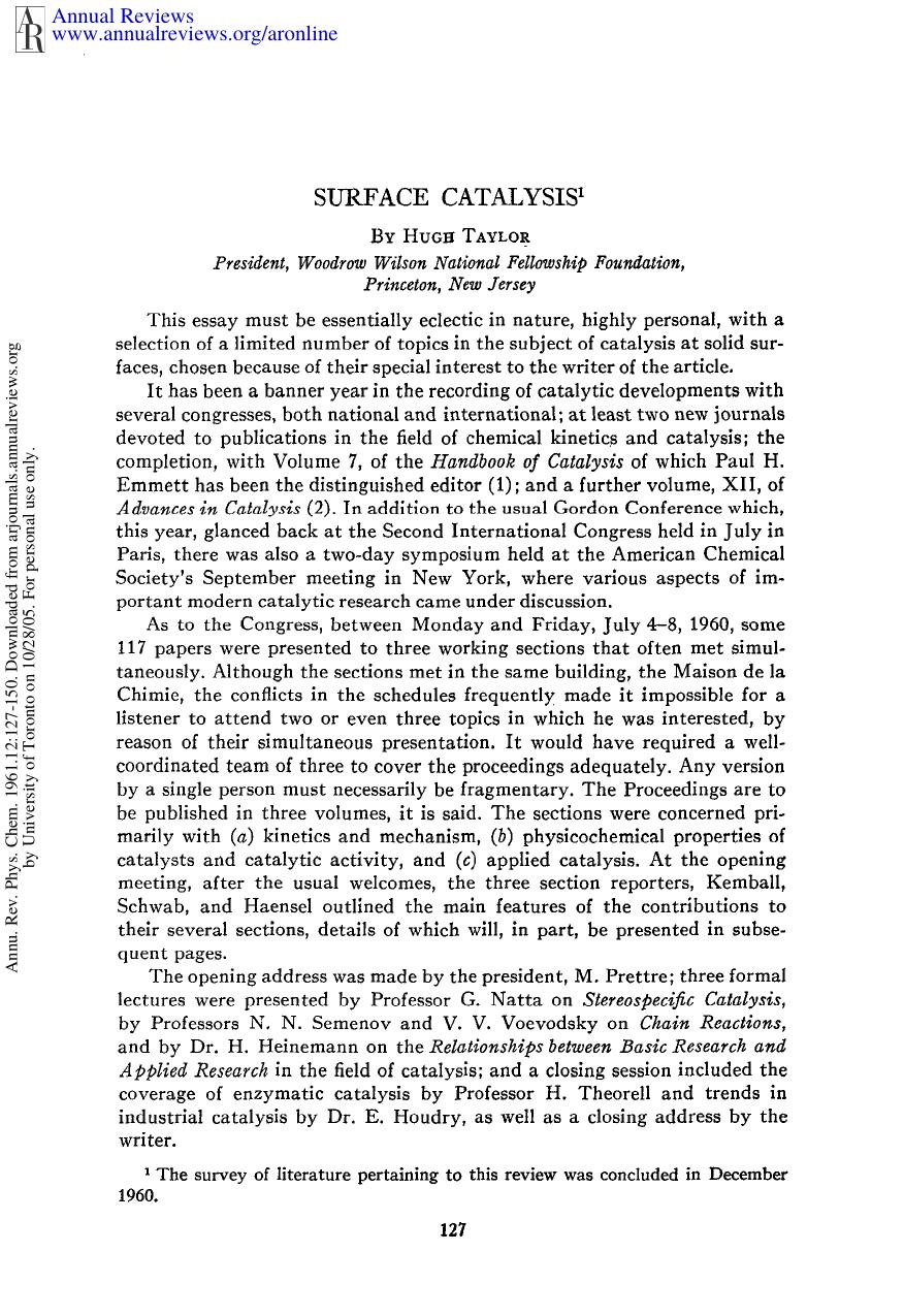 Surface Catalysis by H Taylor