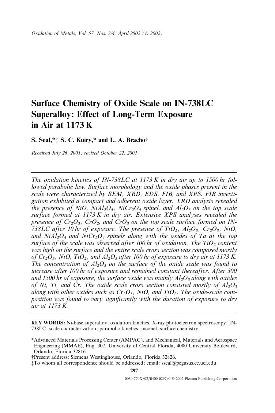 Surface Chemistry of Oxide Scale on IN-738LC Superalloy: Effect of Long-Term Exposure in Air at 1173 K by Unknown
