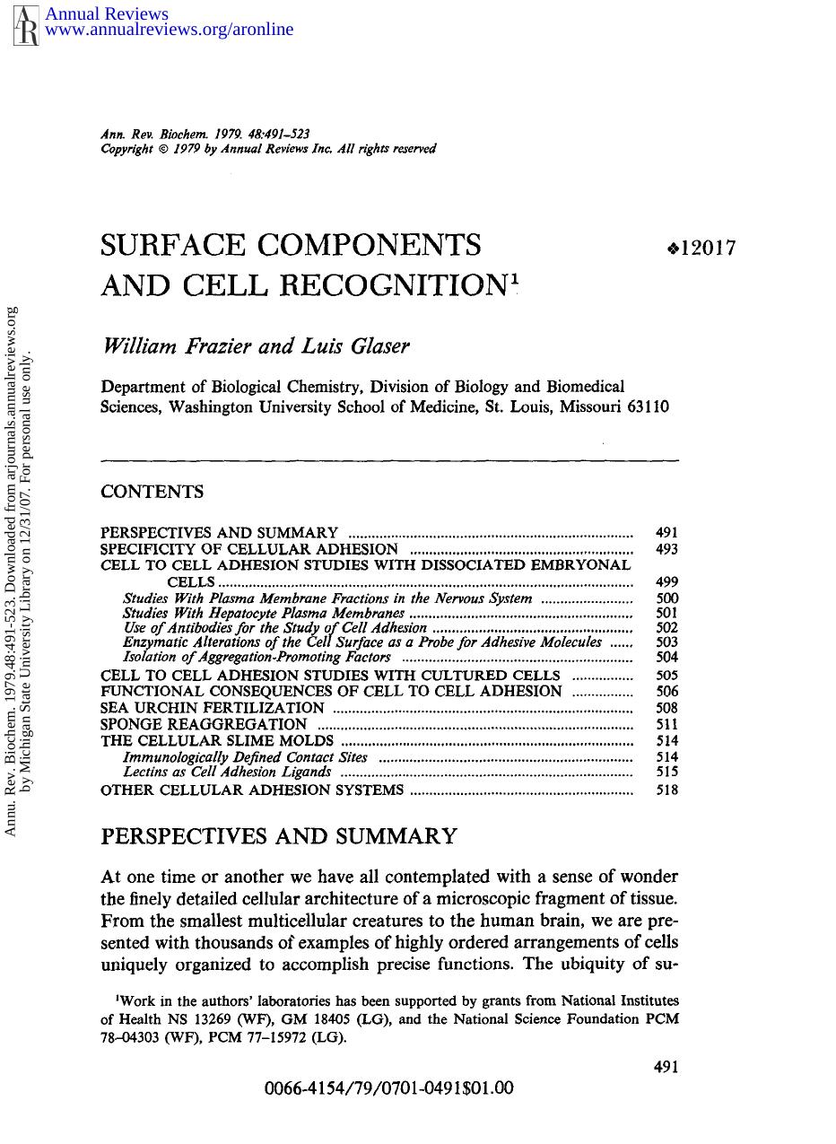 Surface Components and Cell Recognition by W Frazier & L Glaser