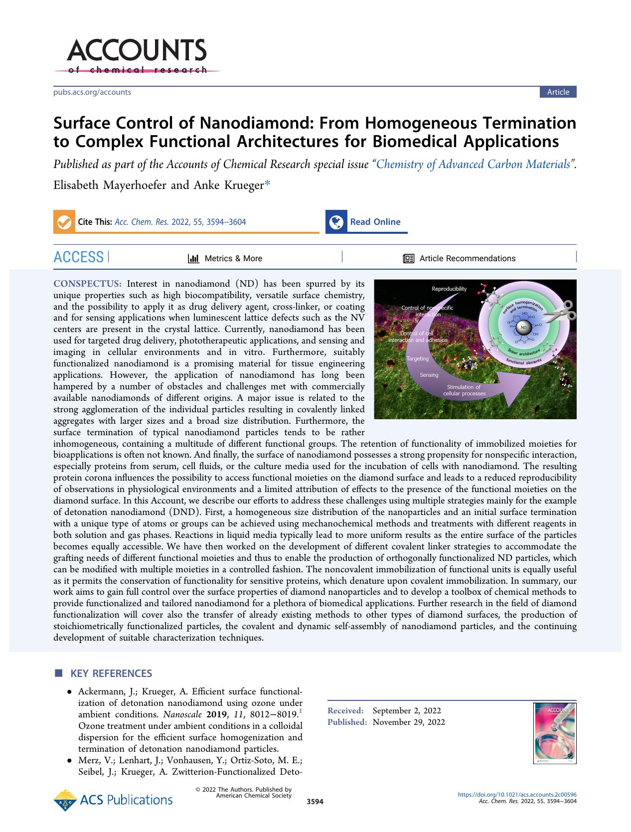 Surface Control of Nanodiamond: From Homogeneous Termination to Complex Functional Architectures for Biomedical Applications by Elisabeth Mayerhoefer and Anke Krueger